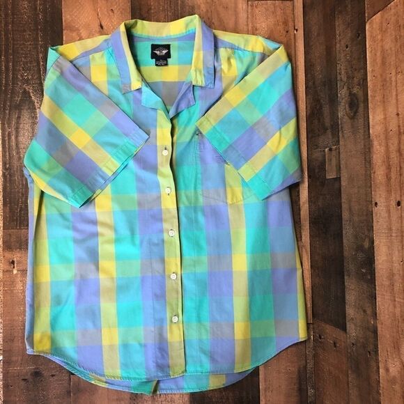Dockers Striped Blouse Plaid Pastel Button Front Short Sleeve Front Pocket Large - Picture 8 of 8